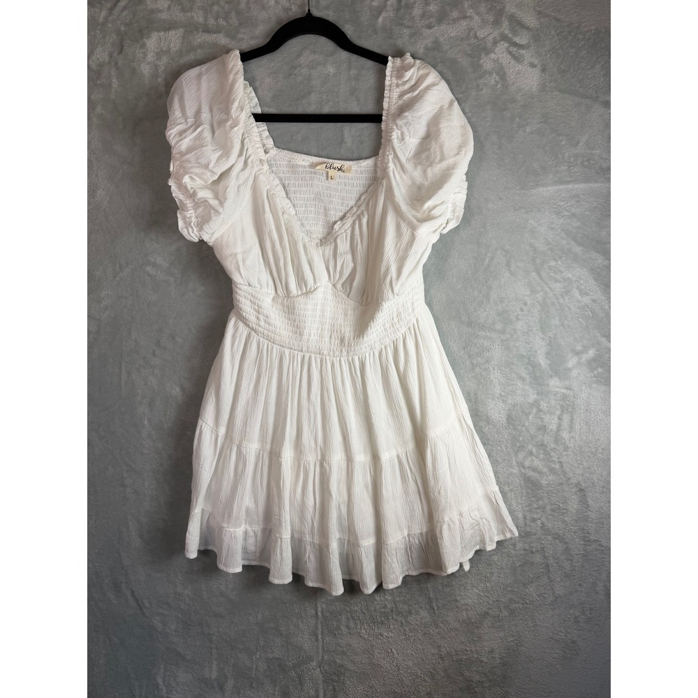 HINT OF BLUSH Dress Womens L White Smocked Puff Sleeve Tiered Mini Cottagecore